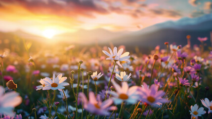 Landscape of blooming field of daisies on mountains background at sunset