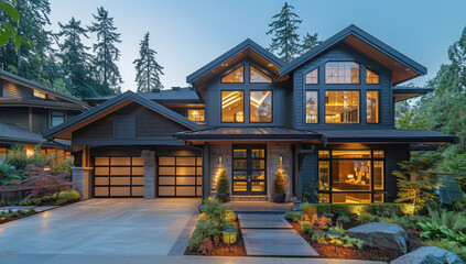 Photo of a large modern house in Vancouver, with elegant architecture featuring stone and wood details, and a dark grey color theme. Created with Ai - obrazy, fototapety, plakaty