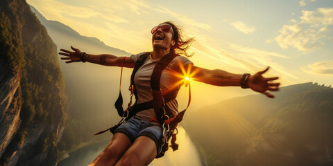 Adventurous person bungee jumping from a cliff during sunset, embracing freedom and excitement over a scenic river landscape