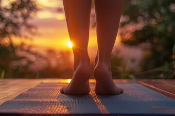 Standing on a yoga mat at sunset with a warm glowing sky in the background