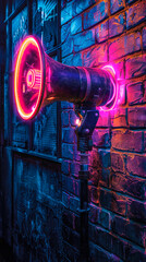 Neon megaphone on a dark brick wall background, casting a glow, symbolizes announcements, advertising, public address, and the concept of getting heard - obrazy, fototapety, plakaty