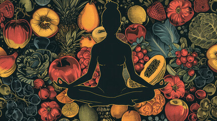 Watercolor scene of a person in lotus pose amid vibrant fruits and vegetables, highlighting serene healthy eating connection. Emotional OverEating Awareness Month.