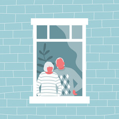 Couple of elderly people are standing at the open window. Senior woman and senior man are looking out the window from their apartment. No face people. View from the street side. Vector illustration
