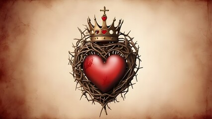 The Sacred Heart features a burning background with text space and a crown of thorns shaped like a heart. - obrazy, fototapety, plakaty