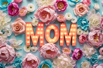 3d word "MOM" as a led sign made with retro font on a pastel flower wall with peonies and ranunculuses, Mother's Day