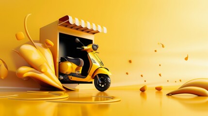 Trendy minimalistic food delivery service or online food order application banner design template and delivery scooter