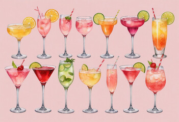 light pink array of cute watercolor clipart of different types and colors of cocktail glasses with different types of drinks in them such as a wine glass, champagne bottle, martini cup, mimosa, and ma