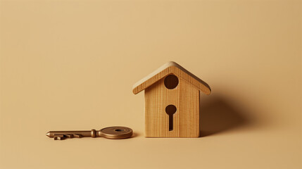 A wooden house figurine with a key next to it, symbolizing homeownership, new rental, or visualizing the concept of moving into a new home. Minimalism. Beige background and studio photography.