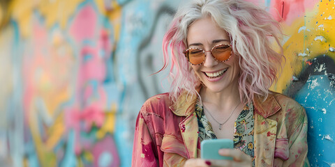 Smiling Woman With Phone by Colorful Mural. Generative AI