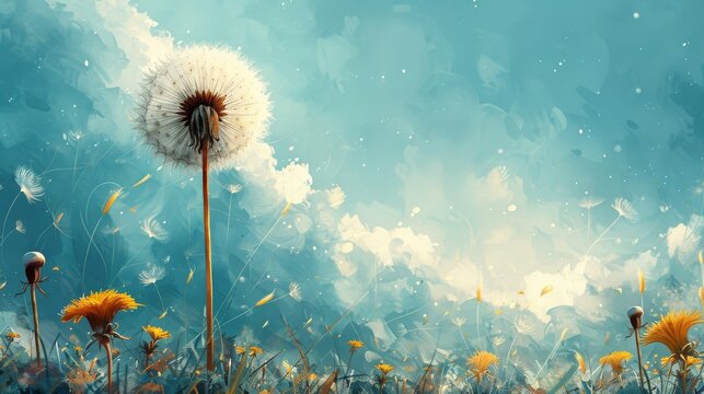 The background is a watercolor with dandelions