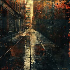 Deserted alleyway with fire escapes in an urban setting on a rainy day, exuding a nostalgic atmosphere. - obrazy, fototapety, plakaty
