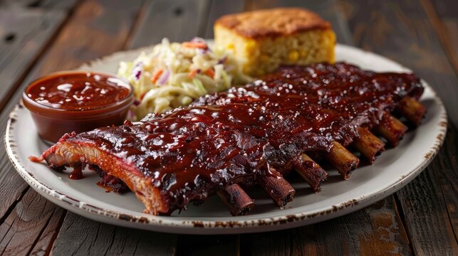 A mouthwatering plate of BBQ ribs, with tender meat smothered in tangy barbecue sauce, served with coleslaw, cornbread, and baked beans for a classic Southern feast that's finger-lickin' good.
