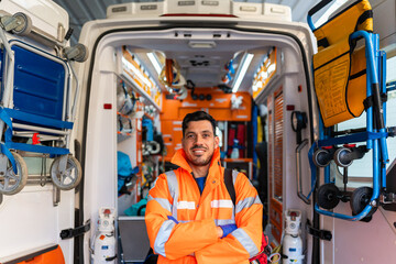 portrait of a smiling paramedic next to an ambulance.