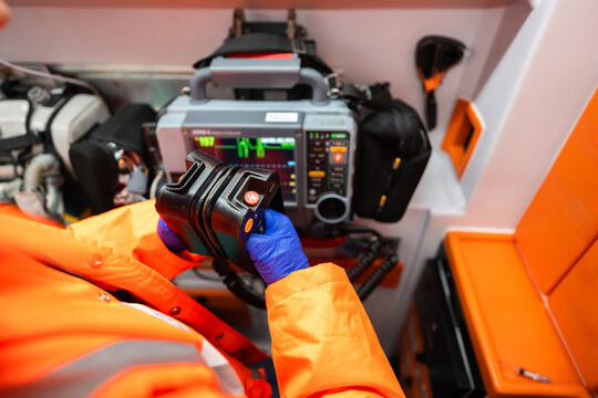 Close up of a defibrillator in an ambulance