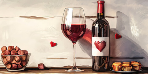 Flasche Rotwein mit einem Etikett mit Herz und einem Glas Wein