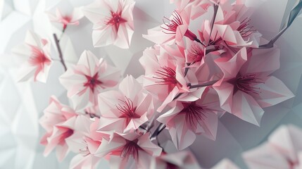 Contemporary holiday decor, white background with geometric cherry blossoms, minimalistic style