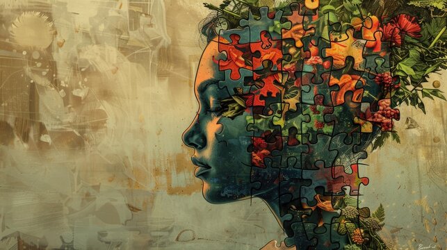 Graphic novel panel with a person of puzzle pieces, each detailed in comic shading, showing emotions linked to food dramatically. Emotional OverEating Awareness Month