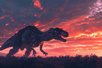 A large dinosaur is walking through a field at sunset