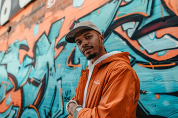 Fototapeta na wymiar A man in an orange jacket stands in front of a graffiti wall