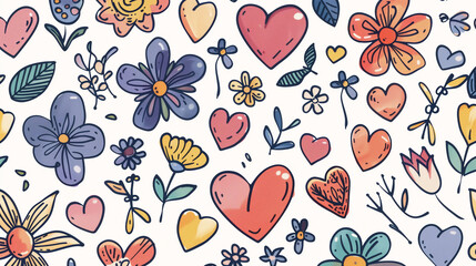 Hearts and flowers background, pastel colours, romantic and cheerful design, perfect for love-themed projects