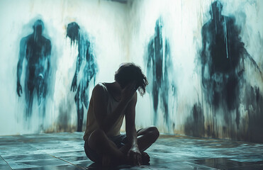 depressed schizophrenic male psychopath with mental disorders and hallucinations sits on floor against wall with silhouettes of evil ghosts - obrazy, fototapety, plakaty