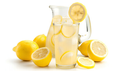 Delicious lemonade isolated on white background ,Healthy organic lemonade cocktails in two pretty huge and transparent glasses and with cute yellow straws and ripe lemons, water and fresh