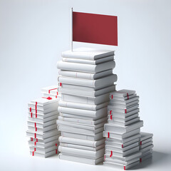 Stack of books on a white background. White books. Stack of books with a flag planted on top. Demonstrate success from studies