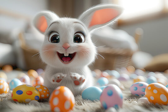 A cute happy bunny jumping among colorful Easter eggs, 3d rendering, closeup. Created with Ai