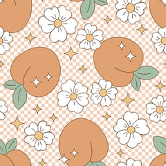 Retro groovy garden fruit peach with daisy flowers on checkerboard vector seamless pattern. Hand drawn natural organic healthy food vegetables fruit floral background. - 777654581