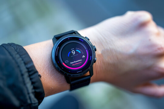 A watch with a black face and a pink band