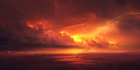Naklejka na ściany i meble Fiery thunderstorm in the night sky over the forest, Storm on the sea, Stormy sky - Ai Generated