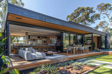 A modern, rectangular container home with large windows and an outdoor dining area on the deck. The house is located in parklike landscaping filled with native Australian plants. Created with Ai - obrazy, fototapety, plakaty