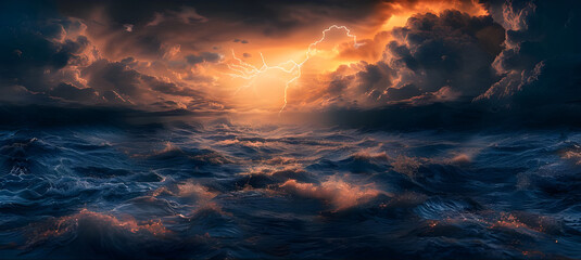 Fiery thunderstorm in the night sky over the forest, Storm on the sea, Stormy sky - Ai Generated
