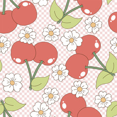 Retro groovy garden berry cherry with daisy flowers on checkerboard vector seamless pattern. Hand drawn natural organic healthy food vegetables fruit floral background.