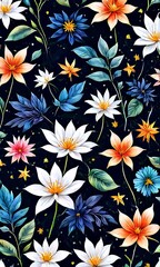 Striking, colorful flower painting with intricate details, vivid hues, beautifully contrasted against dark, black background. For interior design, textiles, clothing, gift wrapping, web design, print.