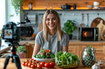 woman blonde hair sitting at kitchen table, smiling while doing video for social media about he