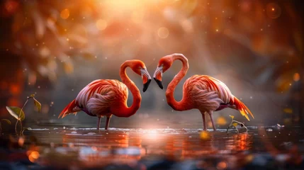 Fotobehang Two flamingos in the water. Wildlife scene from tropic nature. © JovialFox
