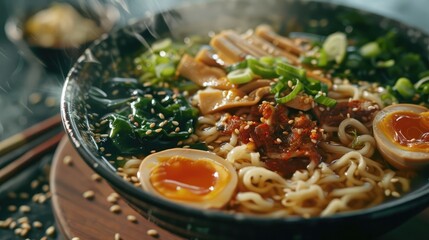 A mouthwatering bowl of traditional ramen, brimming with steaming broth, tender noodles, and an array of fresh vegetables and savory toppings,  - obrazy, fototapety, plakaty