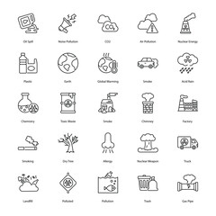 set of Pollution icons set continue such as, ollution icons design, environment, air quality, contamination, ecological footprint, waste management, vector stock illustration.