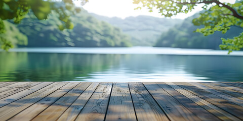 Wooden deck on the background of the lake in the forest - Ai Generated