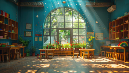 Enchanting scene of an open-air classroom with large windows, filled with sunlight and vibrant colors. The walls feature blue hues, adorned with bookshelves, desks and wooden chairs. Created with Ai