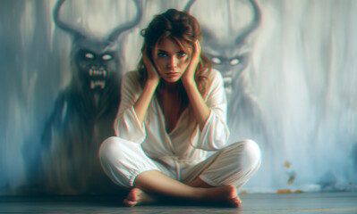 depressed schizophrenic young woman psychopath with mental disorders and hallucinations sits on floor against wall with silhouettes of evil ghosts - obrazy, fototapety, plakaty