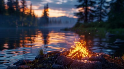 Campfire warmth by tranquil waters at dusk