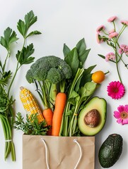 A paper bag with vegetables and fruits inside, on the right side of it is an avocado, green lea - obrazy, fototapety, plakaty