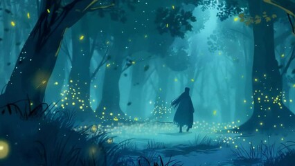 A magical anime forest with fireflies illuminating the scene as a mysterious figure walks by, Lofi loop anime animation
