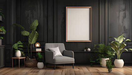 Black wall, picture frame leaning against the wall, facing the camera, in the living room