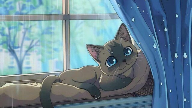 Cute anime cat lounging on a cozy window sill with raindrops gently falling outside, Lofi loop anime animation.