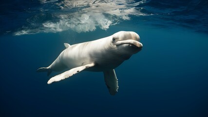 Beluga whales swimming gracefully in the deep ocean depth. Concept Marine life, Beluga whales, Deep sea, Ocean exploration, Aquatic mammals