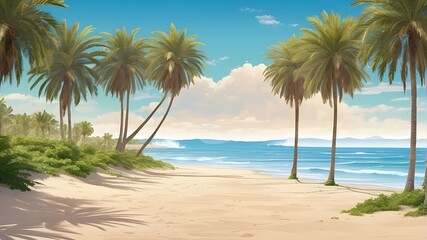 Fototapeta na wymiar Gorgeous palm tree-lined beach with waves, sand, and generative artificial intelligence illustration with lost copy space