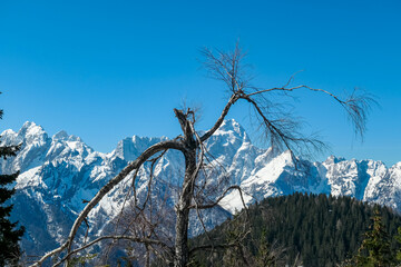 Scenic view of snowcapped mountain peaks of Julian Alps seen from Dreilaendereck, Karawanks,...